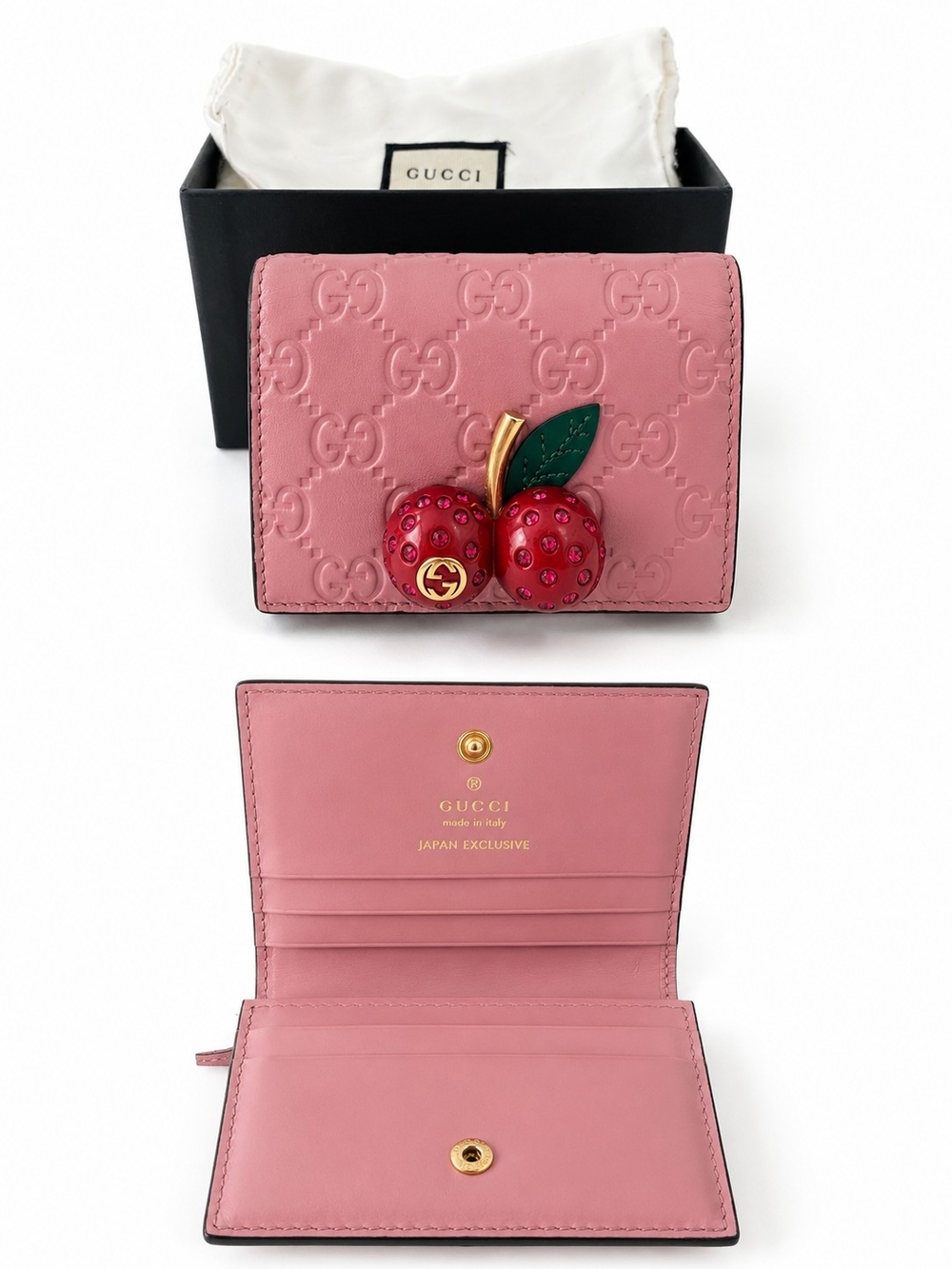 Gucci Pink Embossed Leather Compact Wallet with Cherry Ornament